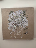 Cadre en lin avec transfert floral bocal Mason – vue d'ensemble