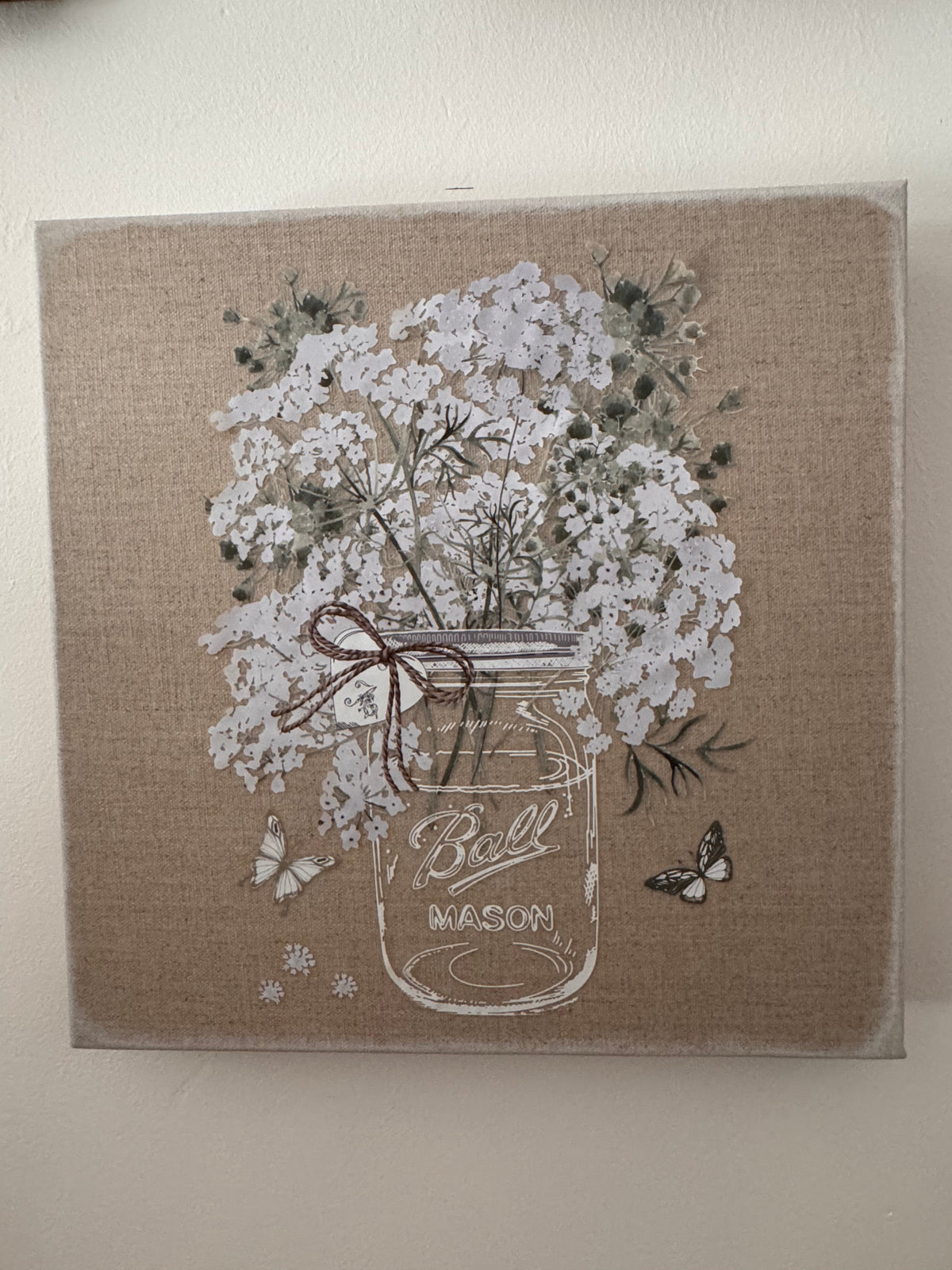 Cadre en lin avec transfert floral bocal Mason – vue d'ensemble