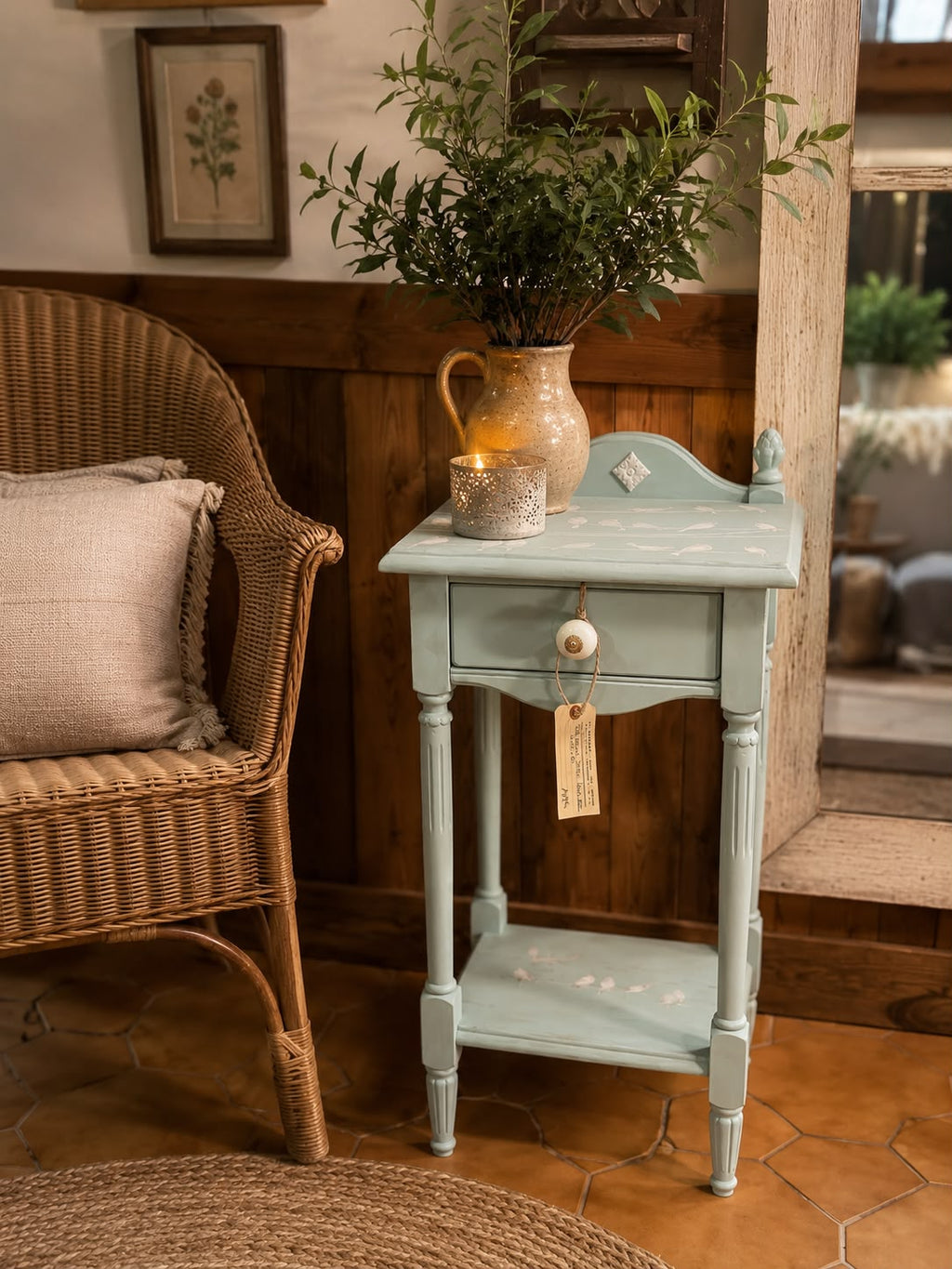 Table d'appoint style Louis XVI bleu céladon avec transferts d'oiseaux - vue déco